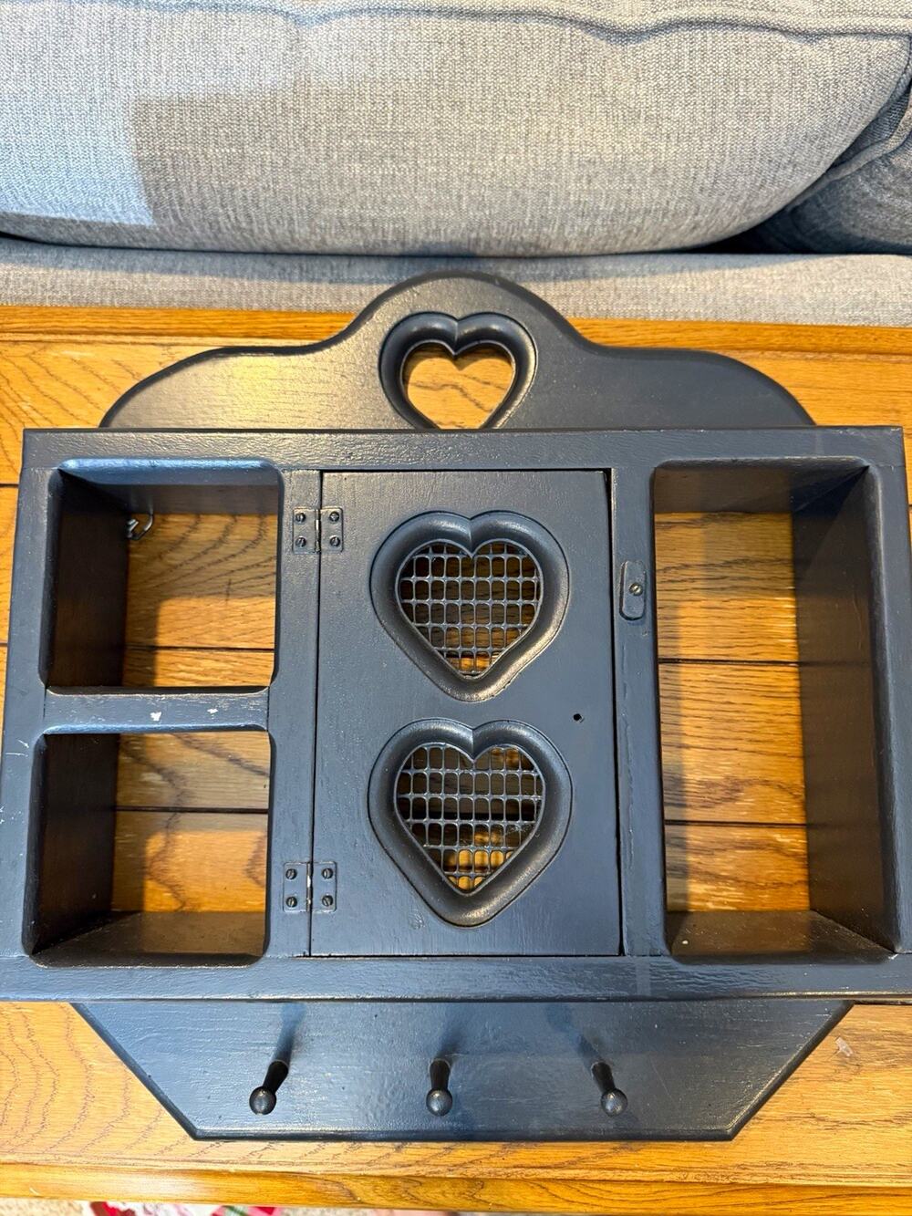 Handmade vintage wall shelf and pegs, wood with heart cutout cottagecore display